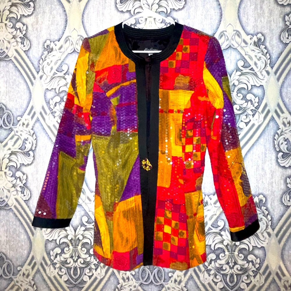 Vintage 80s Karen Laurence ABSTRACT ART SEQUINED Party JACKET Multi-color